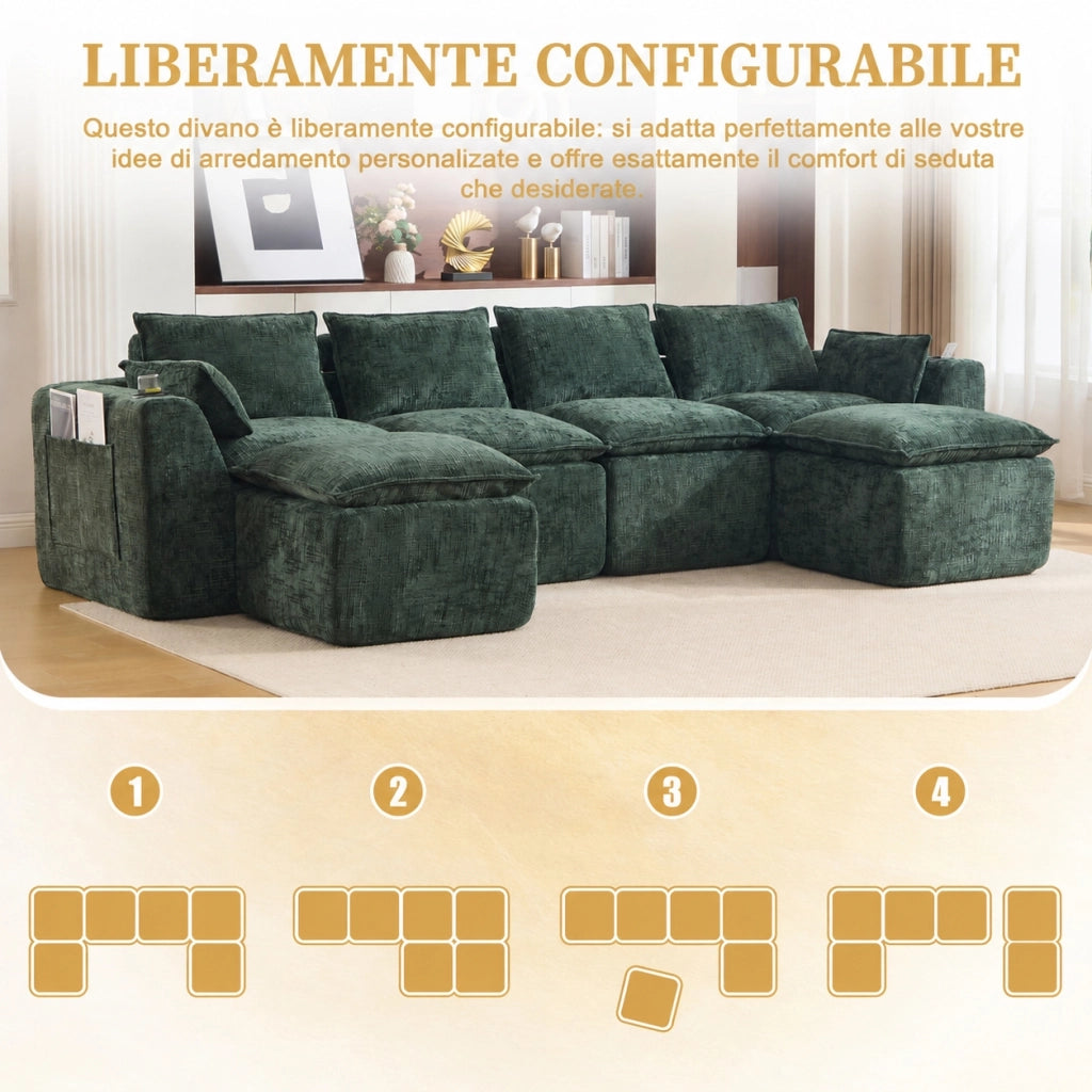 Divano modulare 4 posti con due pouf e portabicchieri; ciniglia verde scuro
