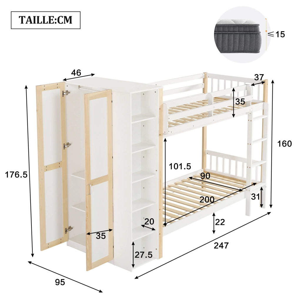 OKWISH Letto a Castello 90×200 cm, Letto Singolo con 6 Mensole, Armadio Laterale e Scala a 4 Gradini, senza Materasso, Bianco e Naturale