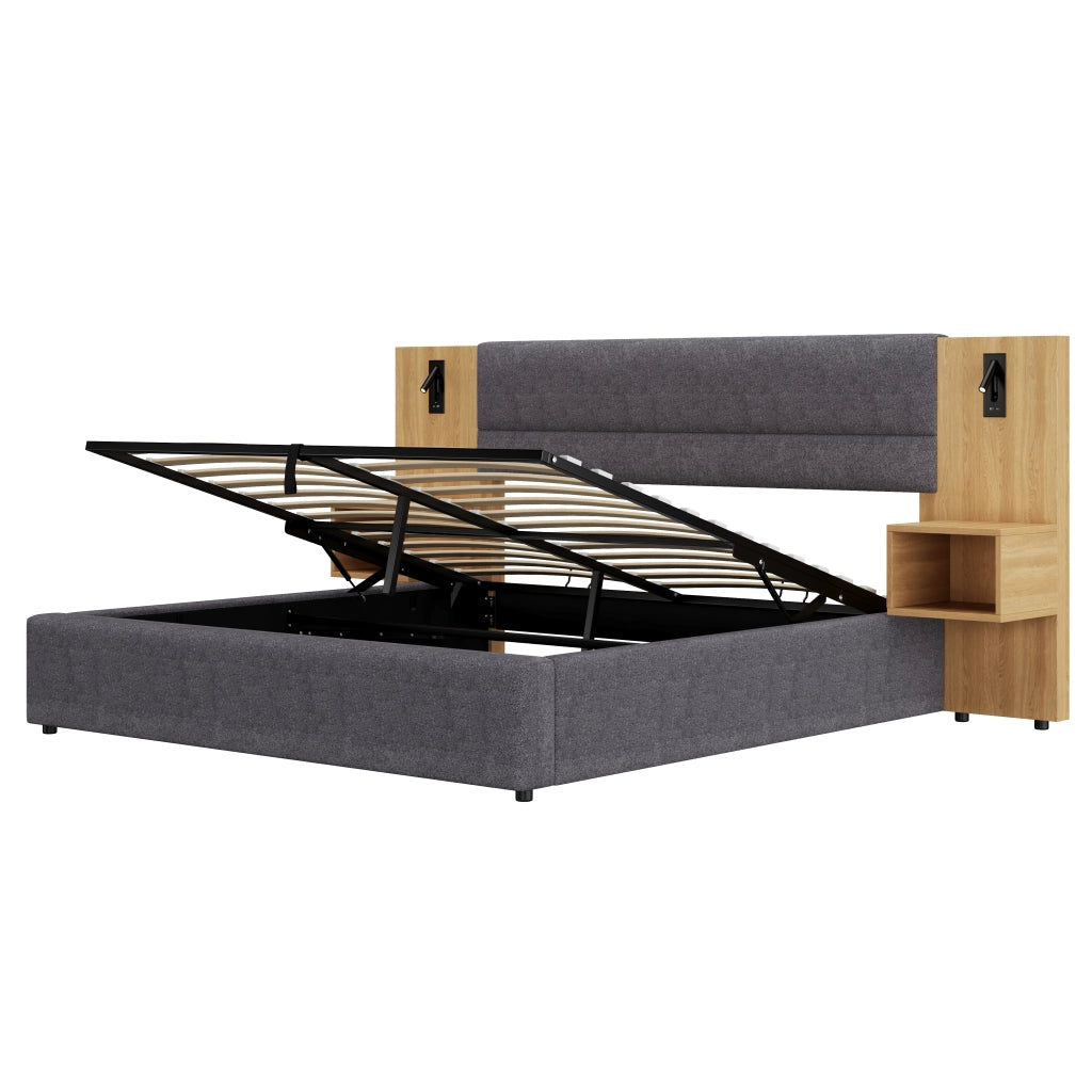 OKWISH Letto Contenitore 160×200 cm, Letto Matrimoniale con USB, Tipo C, Illuminazione e 2 Comodini, senza Materasso, in Velluto, Grigio e Naturale