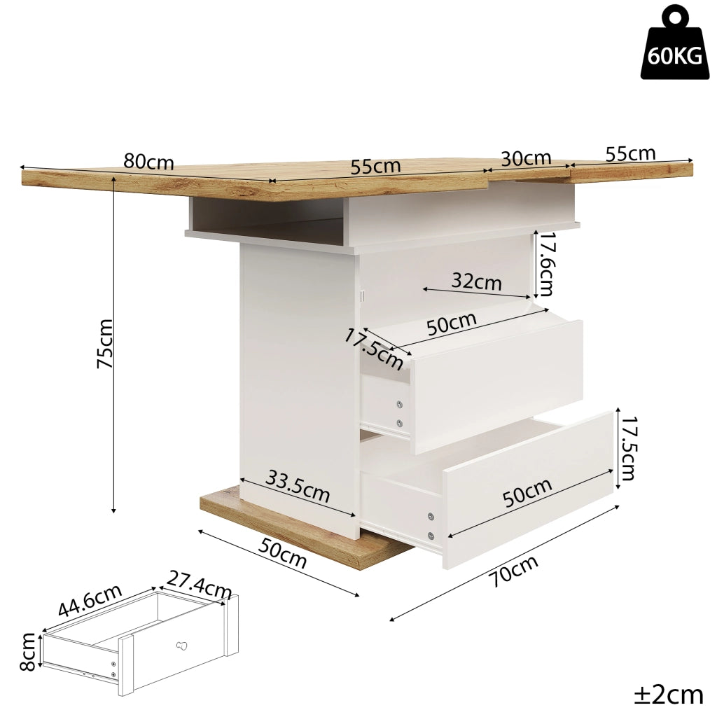 Tavolo da pranzo allungabile in MDF con vano contenitore e chiusura ammortizzata, per cucina e soggiorno, bianco