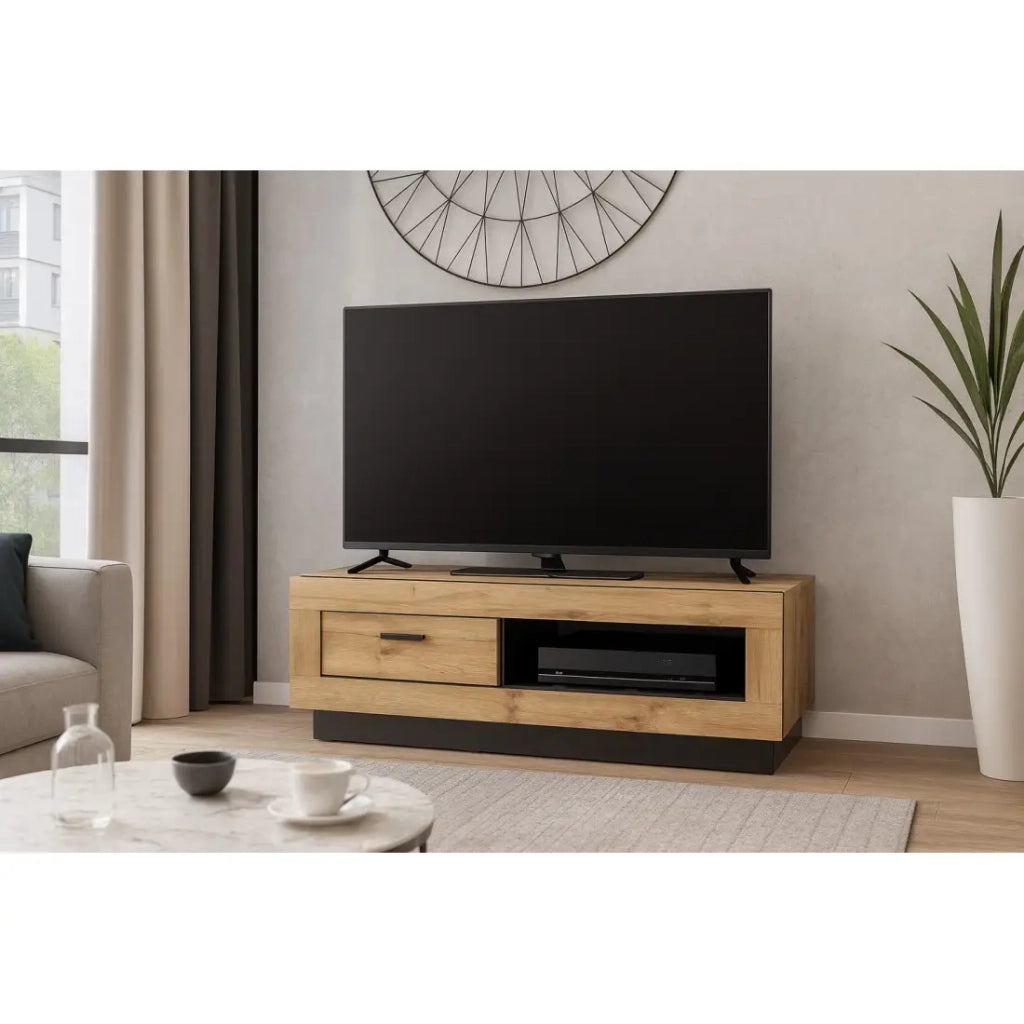 Mobile TV MALAGA - Colore rovere Wotan e nero - Stile industriale - 120 x 45 x 48 cm