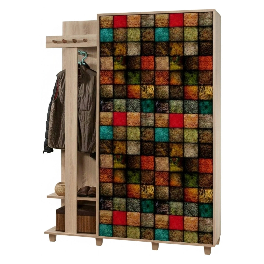 Mobile da ingresso Liana, Entratina appendiabiti, Composizione per atrio, Consolle portaoggetti multifunzione, 135x36h194 cm, Quercia e Multicolore