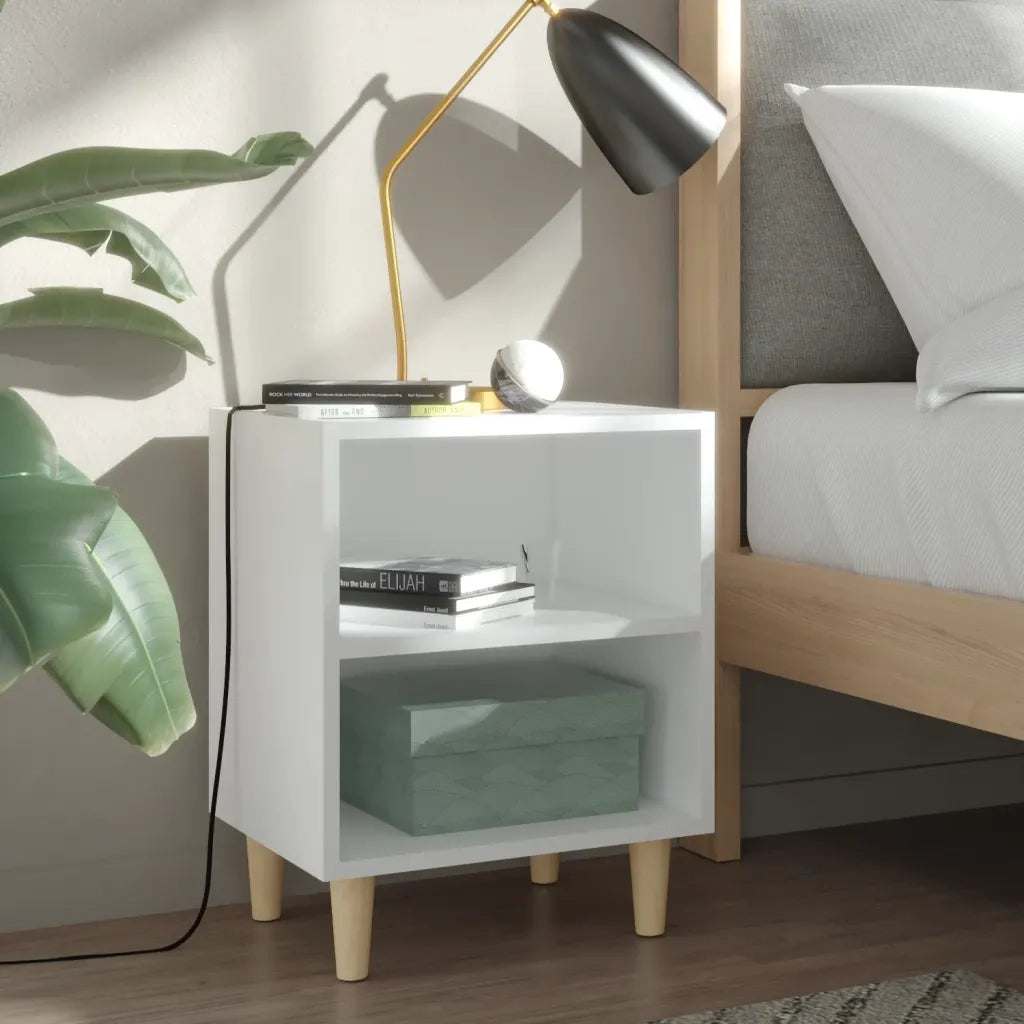 Comodino con Gambe in Legno Massello Bianco 40x30x50 cm 805779