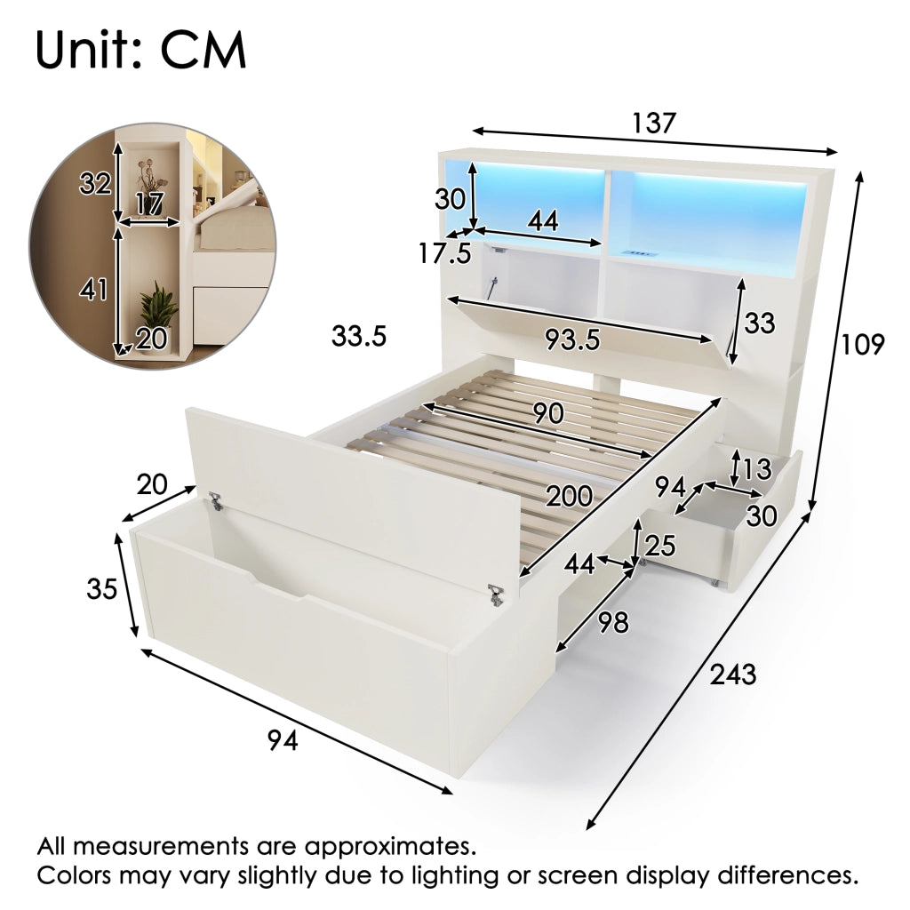Letto in legno bianco con illuminazione a LED e USB cassetti 90x200 cm