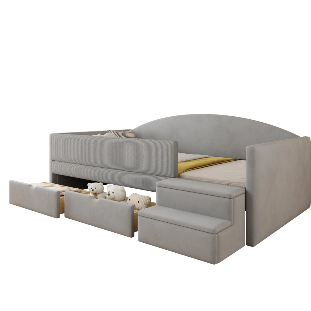 Letto per bambini imbottito 90x190 cm con 2 cassetti; gradini e sponde; grigio acqua