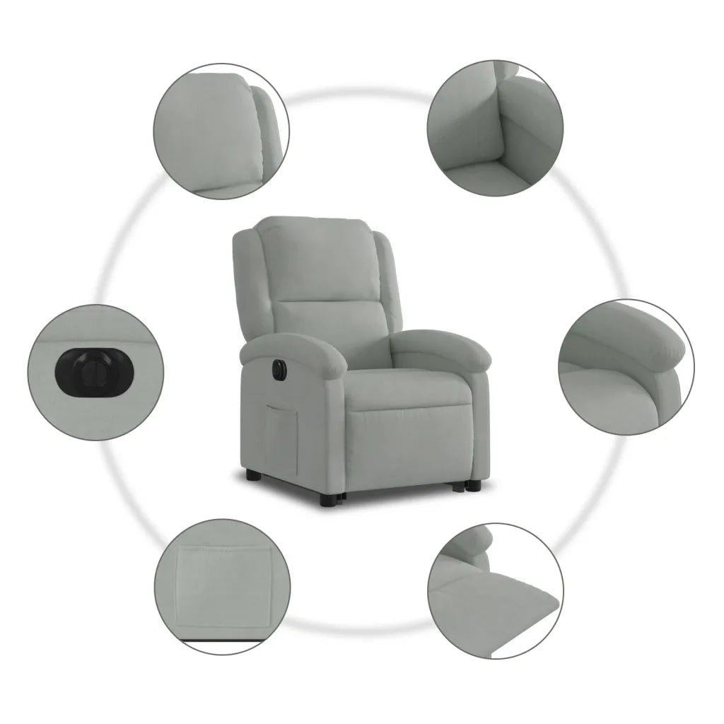 Divano Sedia-Poltrona Alzapersona Reclinante Elettrica Grigio Chiaro Velluto