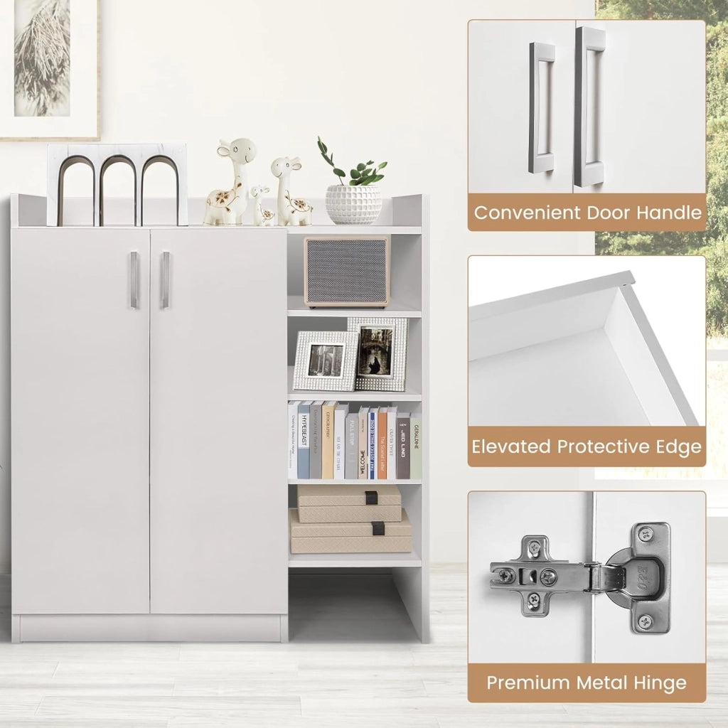 Mobile scarpe con ampio vassoio, armadio chiuso, 2 ripiani interni regolabili e 4 ripiani aperti, armadio a scarpe stile moderno per ingresso, corridoio, soggiorno (bianco)