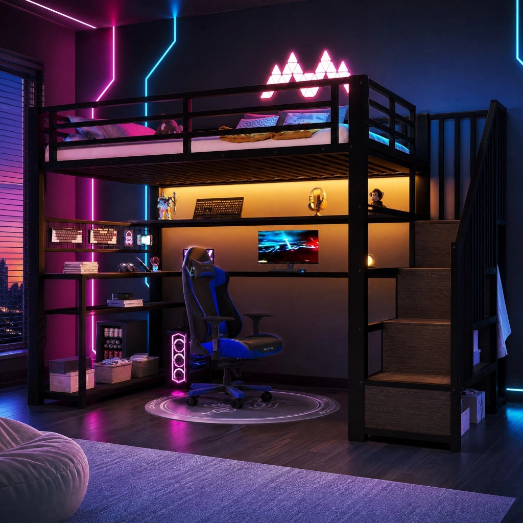 LETTO A CASTELLO 90x200 cm in metallo e MDF nero con scrivania, armadio e LED