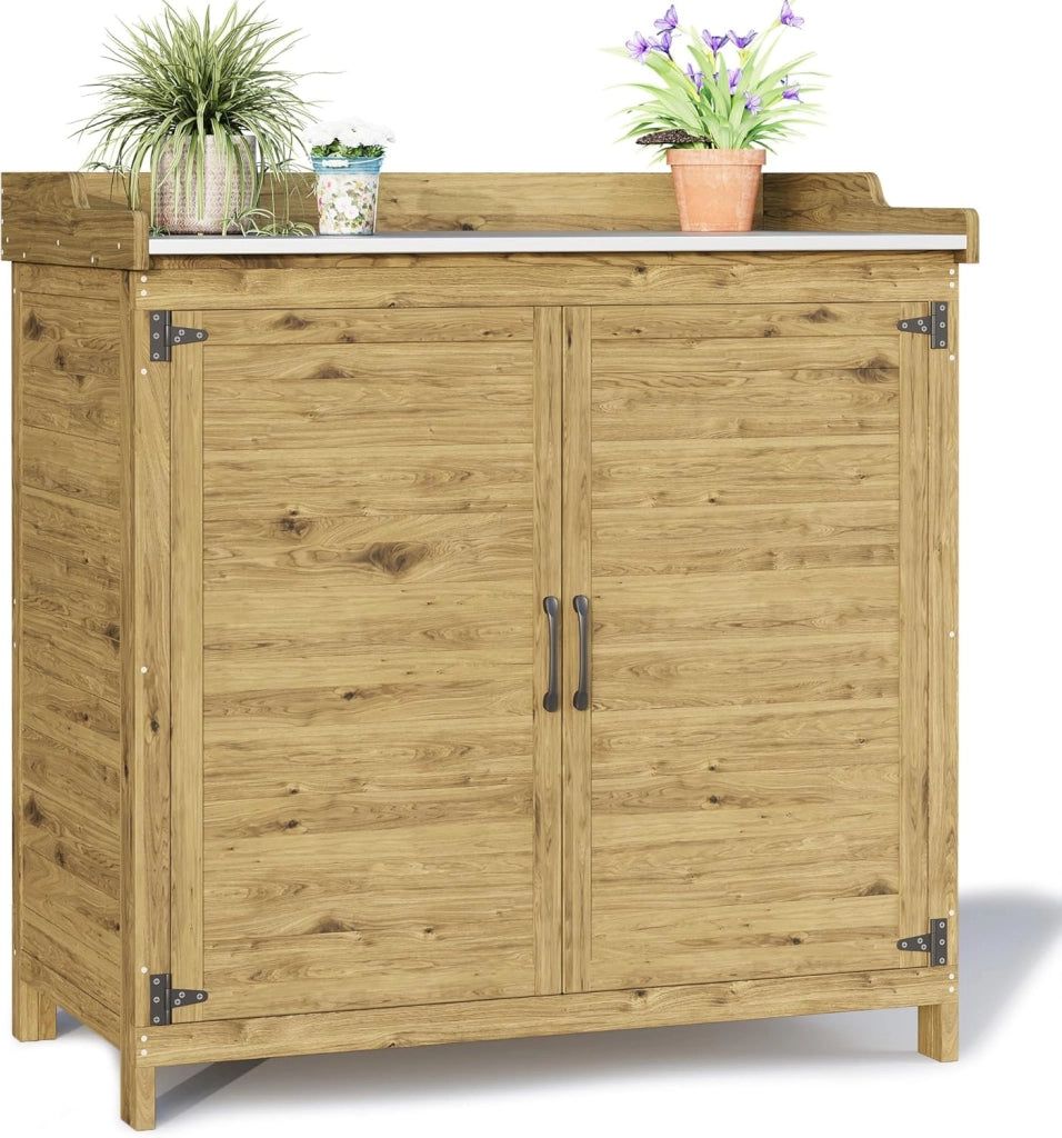 Tavolo da Esterno per Piante, Tavolo da Giardino con Piano di Lavoro Impermeabile, Tavolo da Lavoro in Legno con 1 Ripiano Regolabile, 48x98x95 cm. (Naturale)