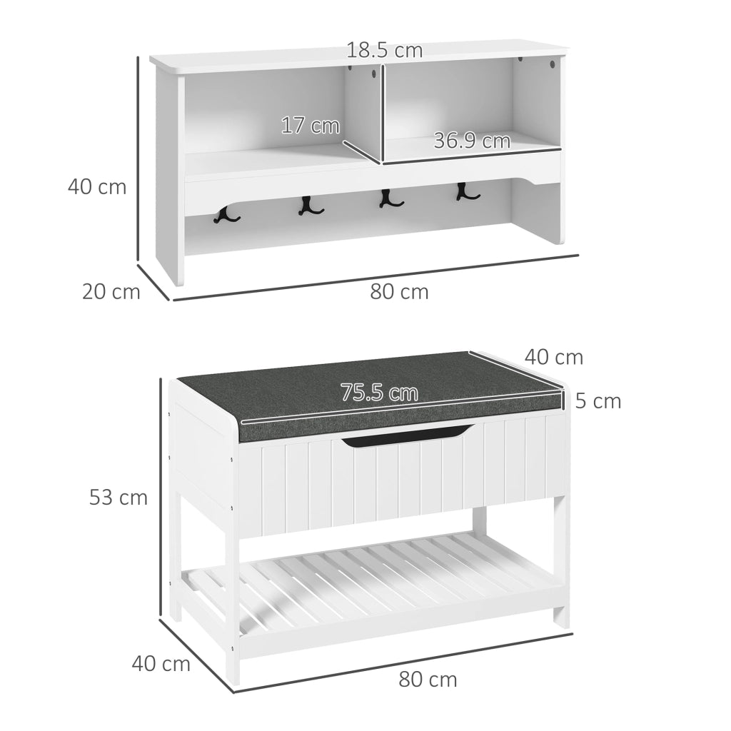 Easycomfort Mobile Appendiabiti a Muro con Panca Scarpiera per Ingresso e Corridoio, 80x20x40 cm, Bianco