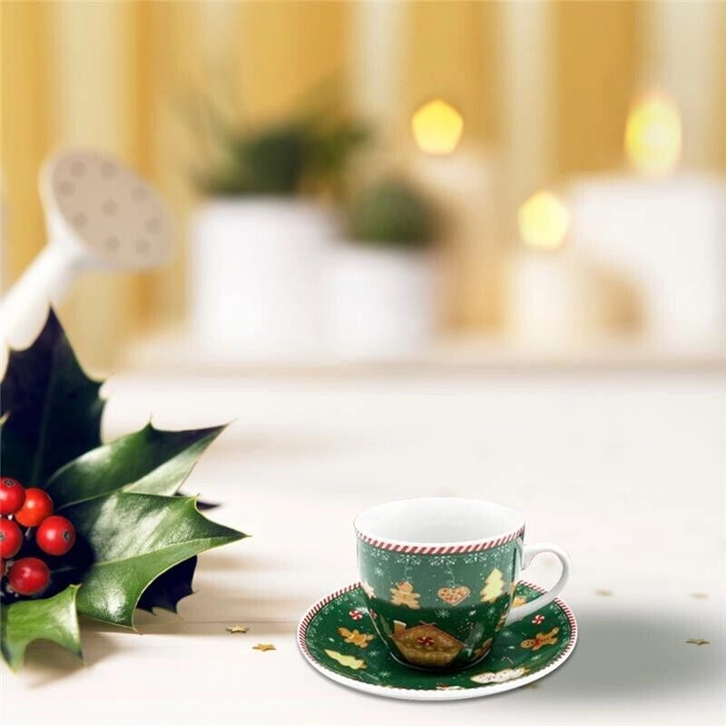 MA MAISON SET 4 TAZZE 210 CC CON PIATTINO STILE COOKIES ROSSE E VERDI IDEA REGALO