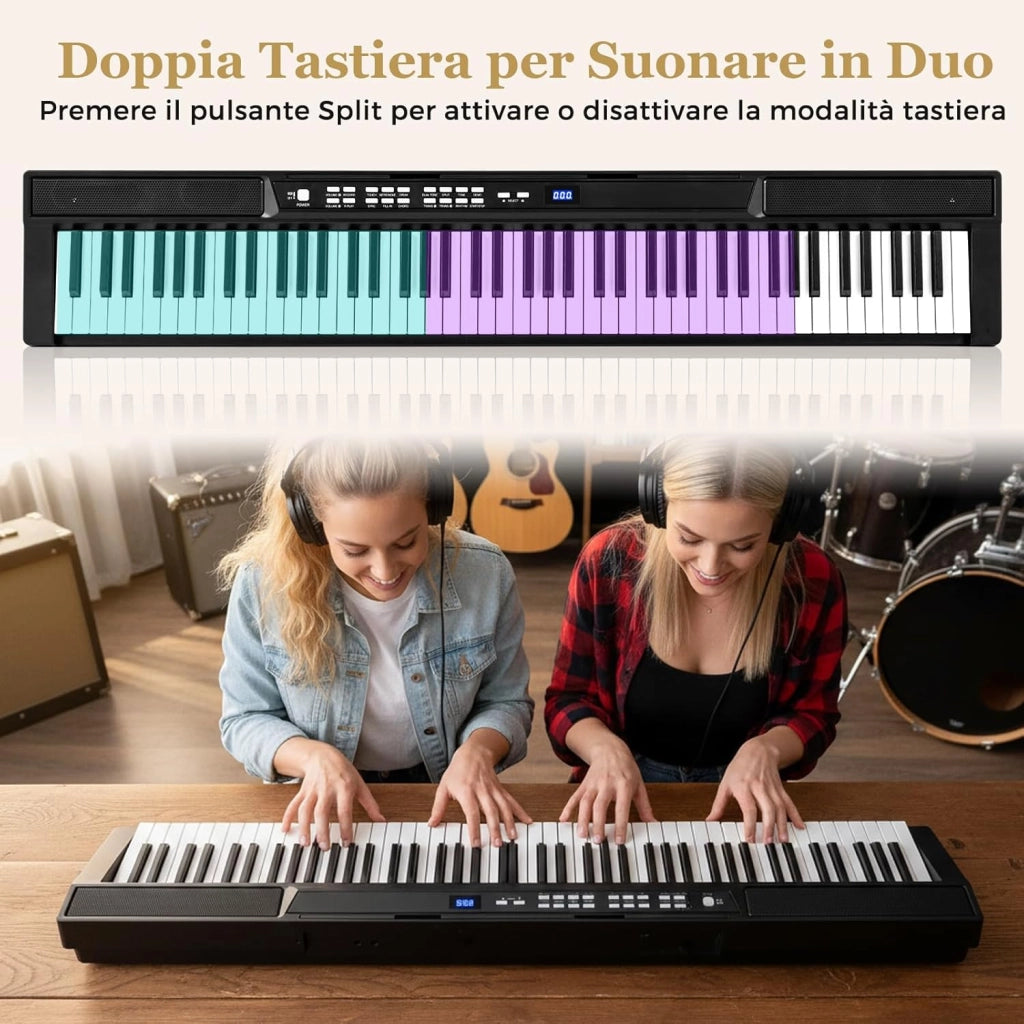 Tastiera Pianoforte Elettrico a 88 Tasti, Piano Digitale con Supporto e Sgabello Regolabili, Tastiera Sensibile, Tasti e Pulsanti Illuminati, Funzione MIDI, Pedale di Sustain, Cuffie (Nero)