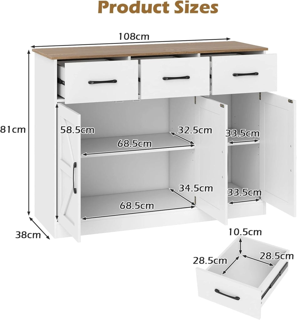 Credenza da Cucina con Ripiano Regolabile, Mobiletto Multiuso con Ante e 3 Cassetti, Mobile Buffet con Kit Antiribaltamento, per Soggiorno, Sala da Pranzo, 108x38x81cm(In 2 Pacchi) (Bianco)