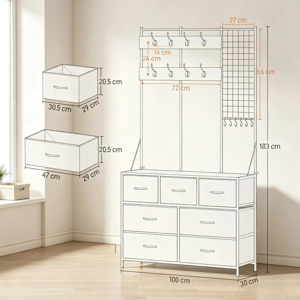 Set mobile ingresso 4-in-1, armadio con 7 cassetti in tessuto e 14 ganci