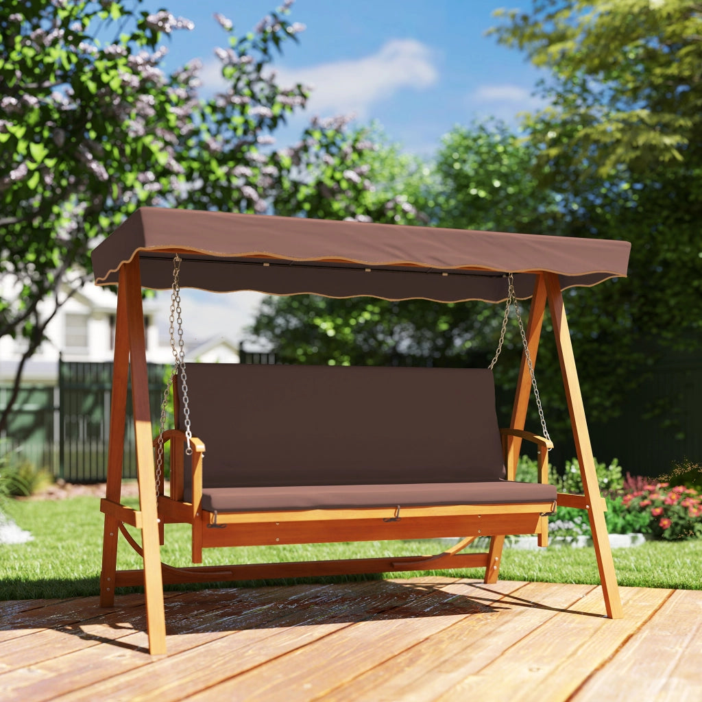 Altalena da giardino a 3 posti in legno massiccio confortevole velo solare color marrone