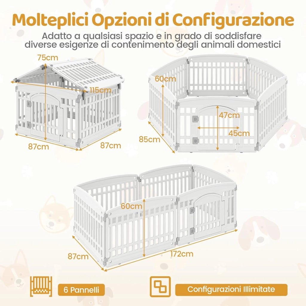 Recinto per Cani da Interno ed Esterno, Recinzione per Animali Domesti Pieghevole a 6 Pannelli 60 cm per Cani Medi e Piccoli con Porta di Bloccaggio Sicura, 172 x 87 x 60 cm
