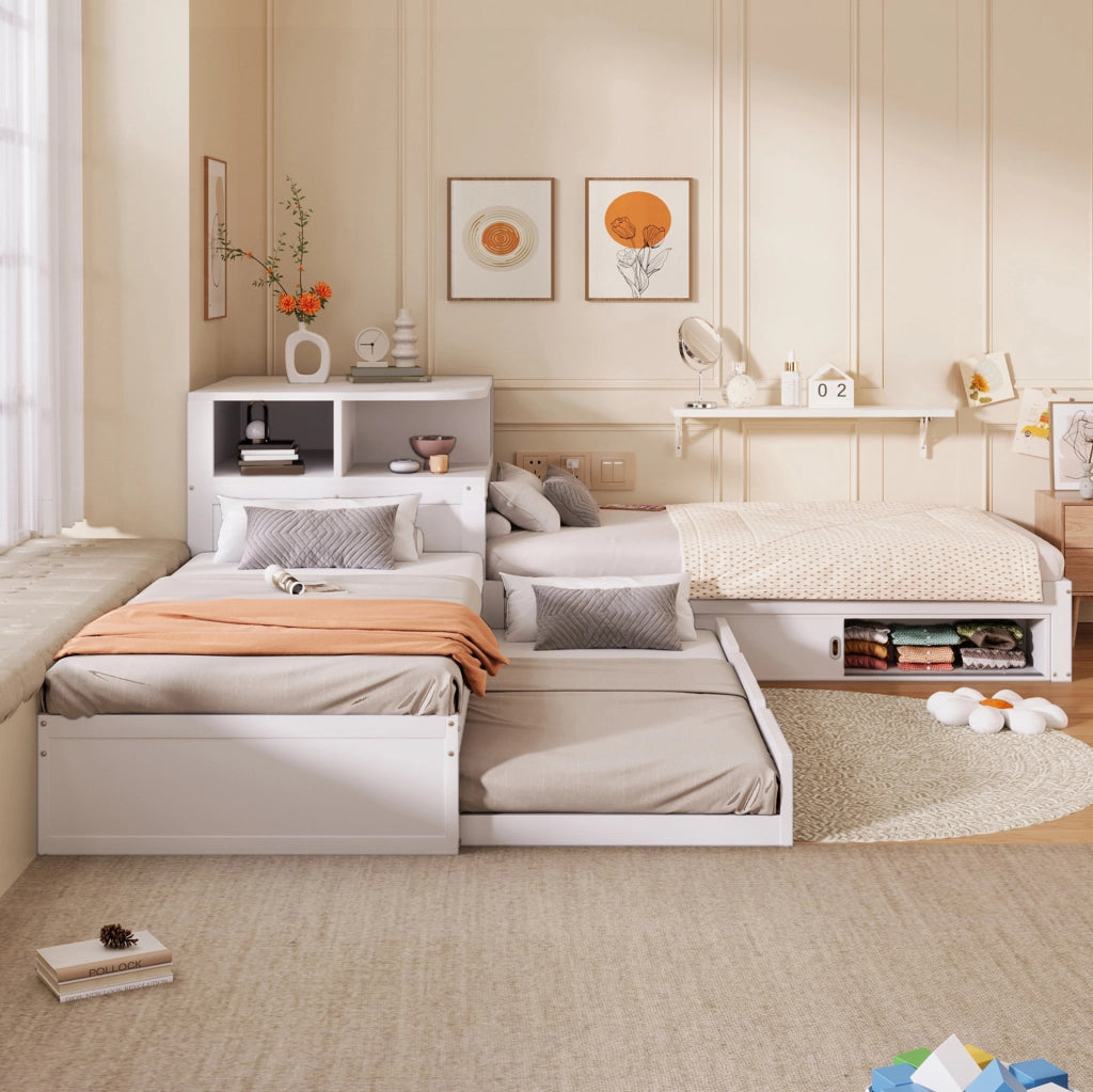 Letto singolo 90x200 cm con letto estraibile; spazio contenitore e luce notturna; bianco