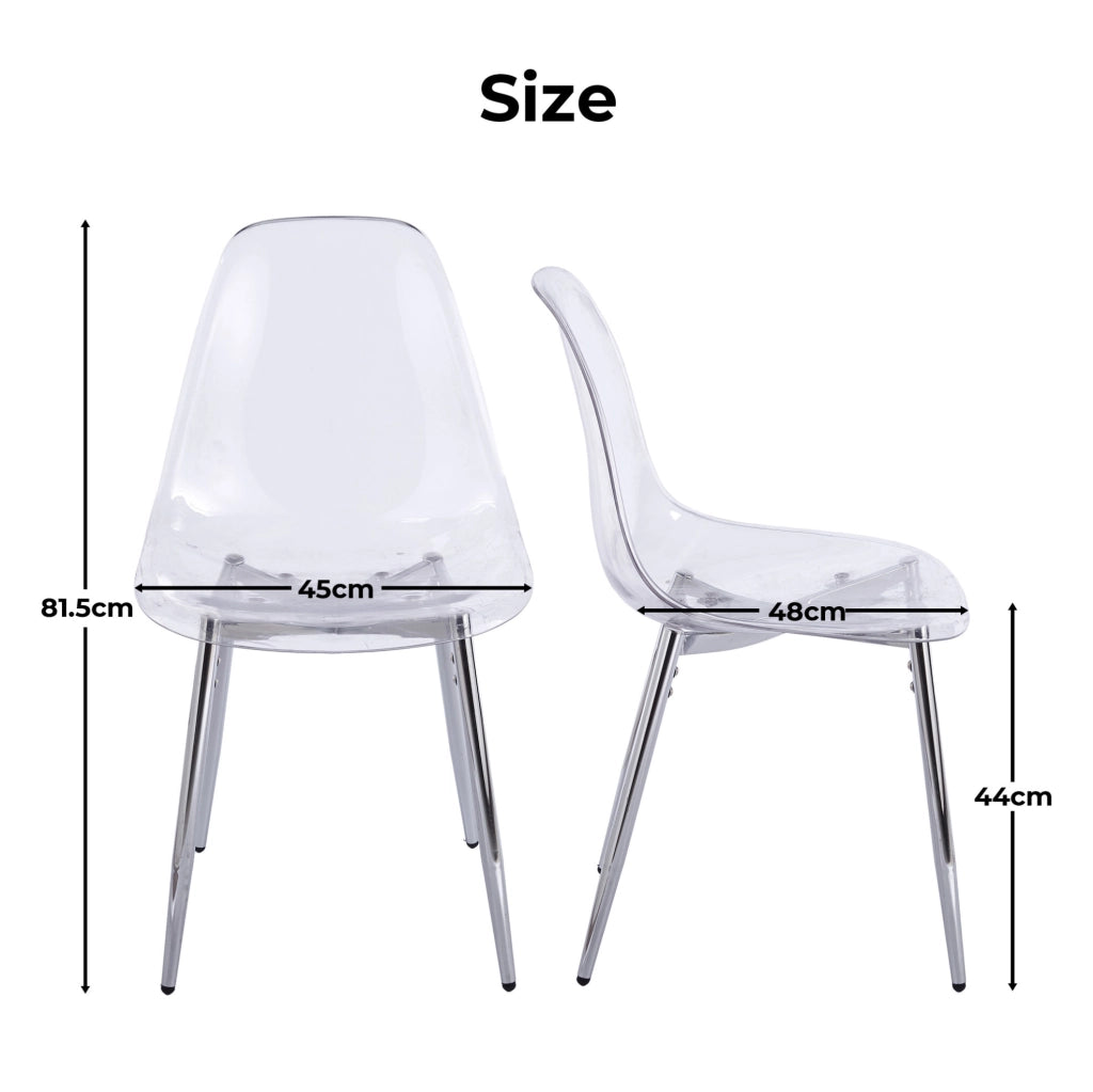 Set di 4 Sedie da Pranzo in Acrilico Trasparente con Gambe Argento Moderne