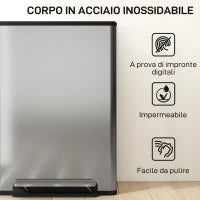 Pattumiera a Pedale con 2 Scomparti da 30L, Coperchio Ammortizzato e Secchi Rimovibili, Acciaio Inox, Argento