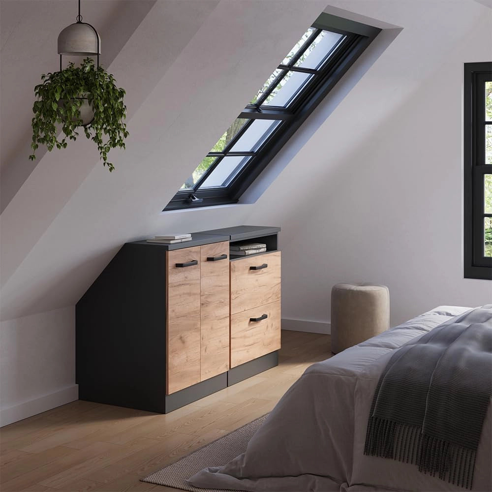 Set di mobili sottotetto Rion, Quercia dorata, 120 cm Set di 2 carcasse armadio profondità 60 cm, adatto per il salvaspazio sotto tetti spioventi