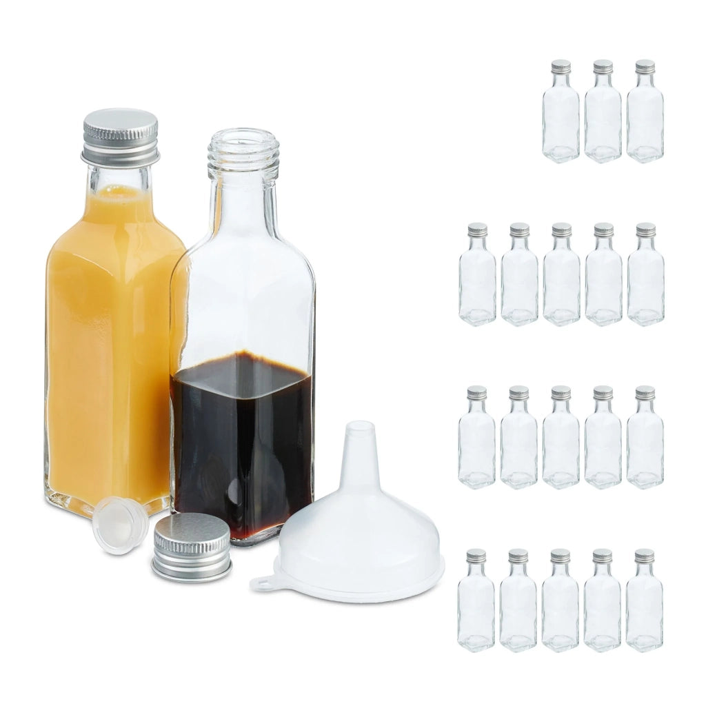 Set di mini bottiglie di vetro 14 x 4 x 4 cm con tappi a vite e imbuto stile essenziale in vetro trasparente 13_0014843