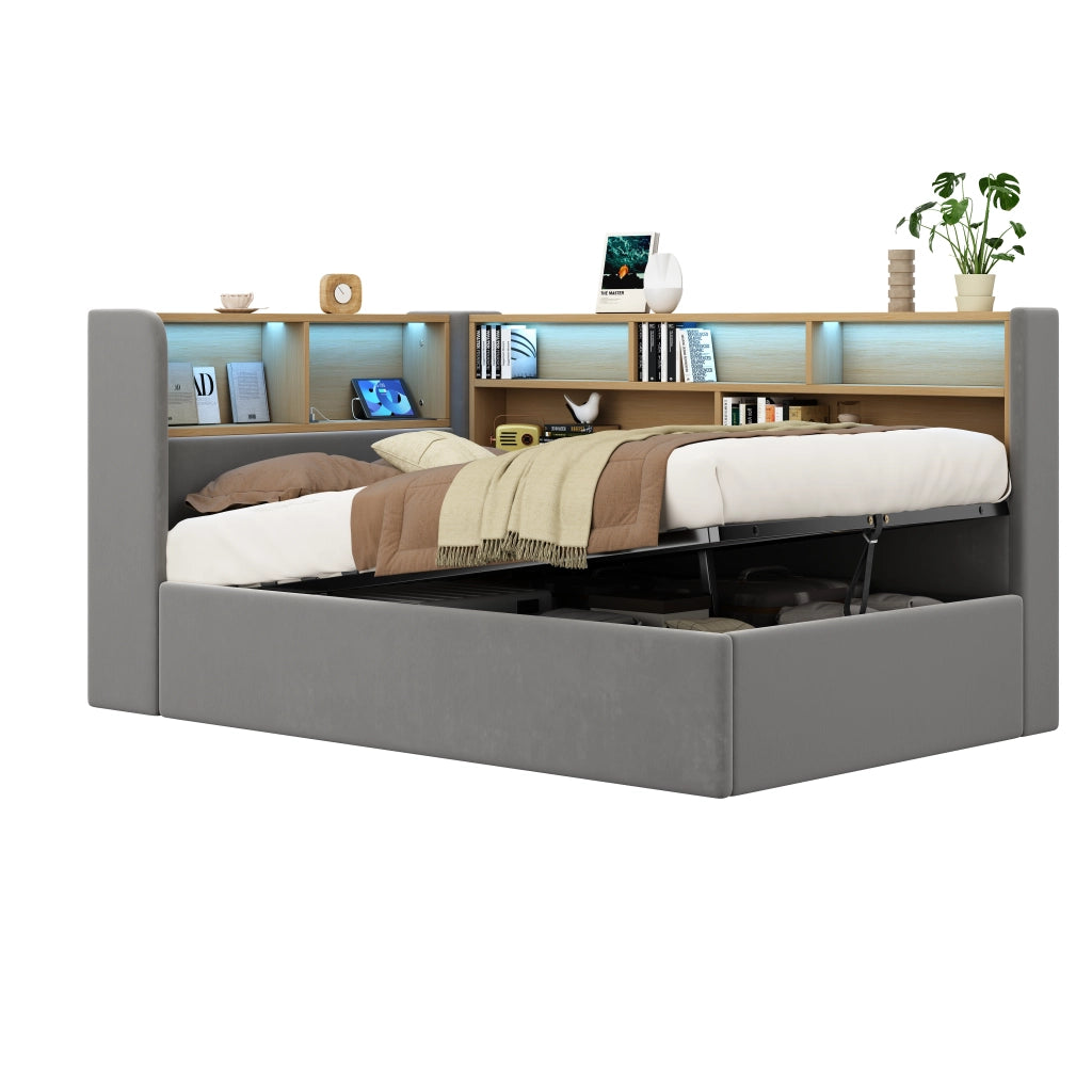 Letto con contenitore idraulico, imbottito in velluto grigio, con LED, USB e Type-C, struttura integrata, senza materasso