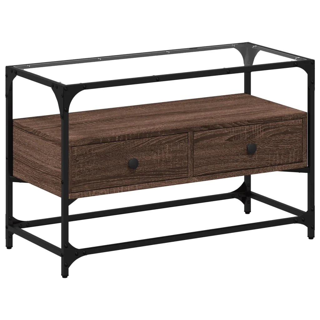 Mobile TV multimediale mensola per TV credenza per TV sala da pranzo soggiorno camera da letto con piano in vetro legno di rovere ingegnerizzato marrone 02_0026416