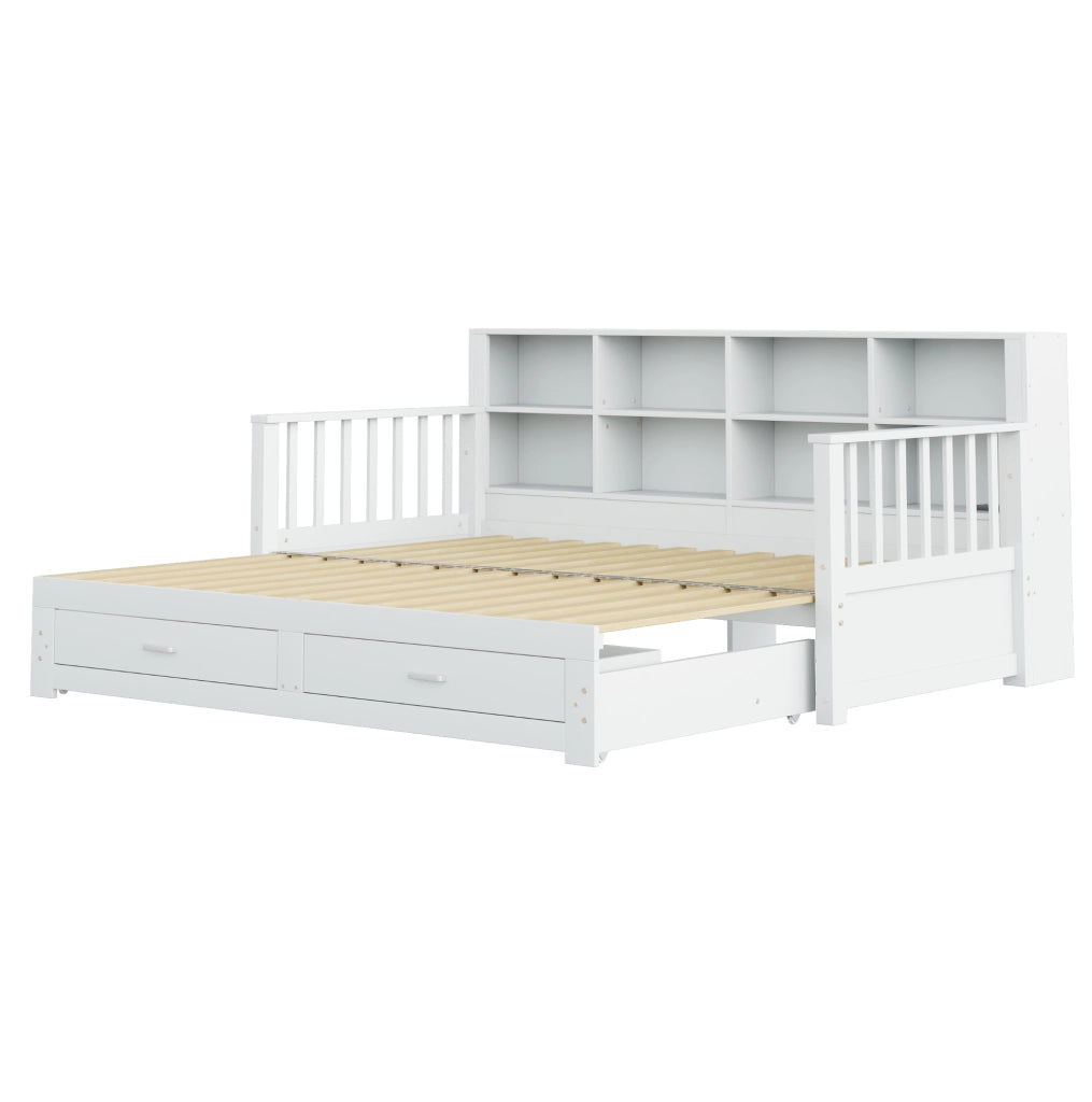 Divano letto estraibile in legno con contenitore, 2 cassetti e presa integrata