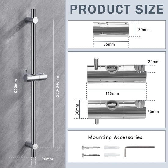 Douchestang adattabile 90 cm in Acciaio Inox con supporto doccia 360° - Acciaio Inox Chromato