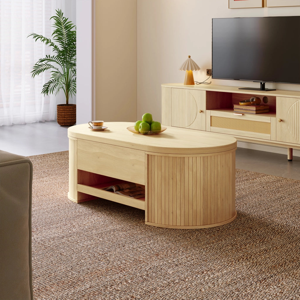 Tavolino da caffè 110x55.5x40 cm; altezza regolabile con piano sollevabile; MDF; colore naturale