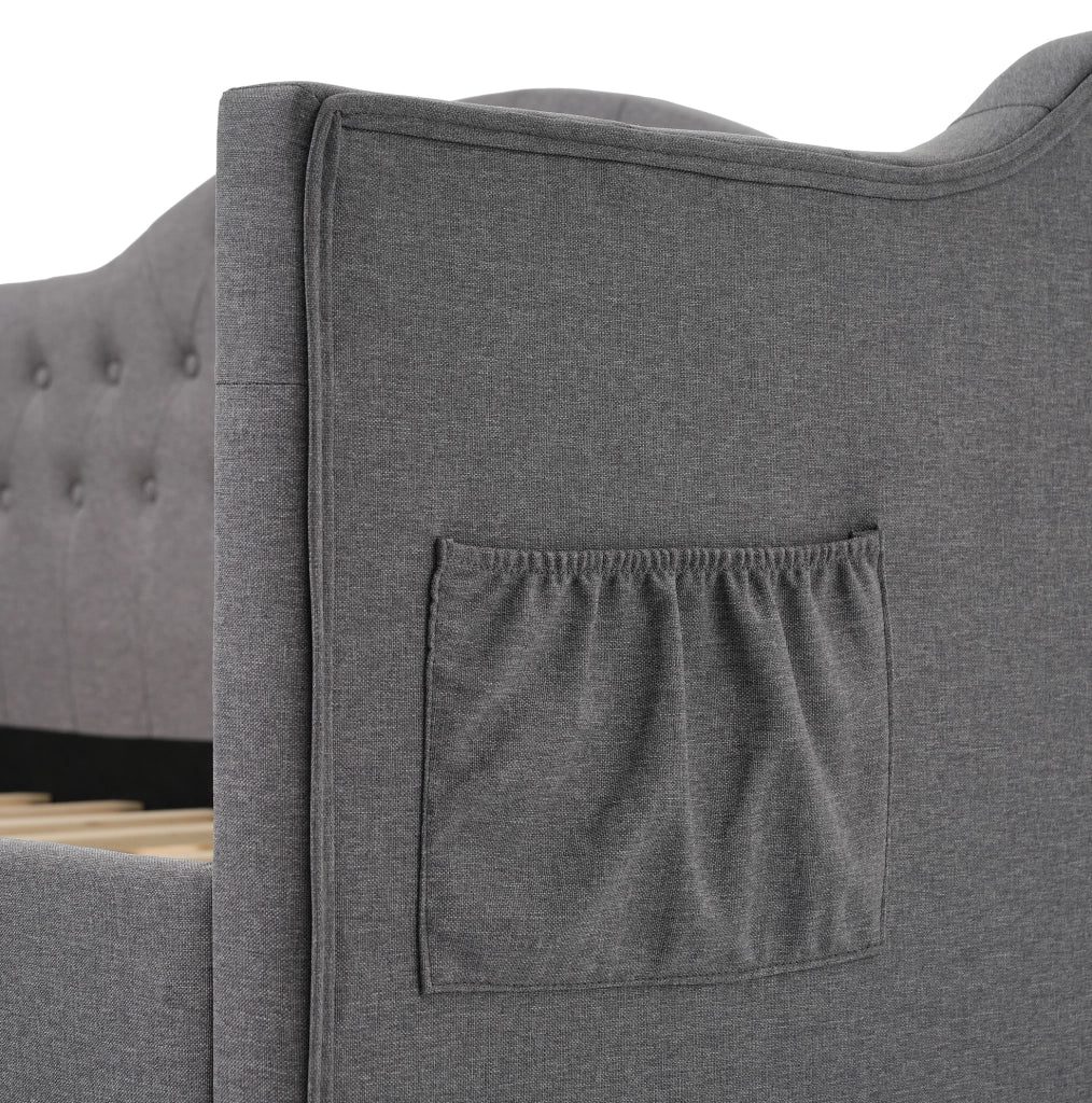 Letto singolo a daybed 90x200 cm in tessuto lino grigio con USB Type C e 2 cassetti