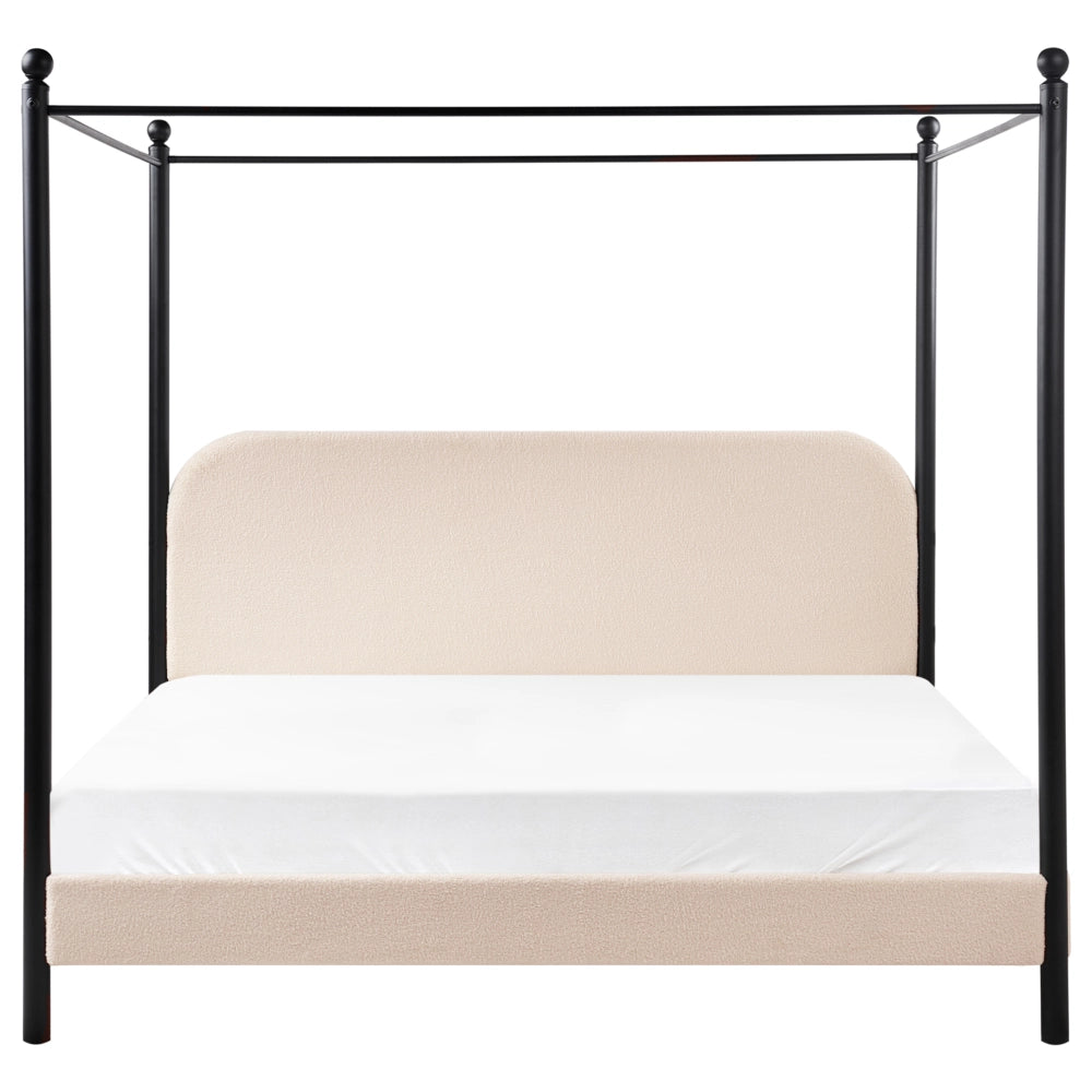 Letto a baldacchino in metallo nero con rivestimento in bouclé beige 180 x 200 cm EU Dimensioni doppie Retro Minimalista