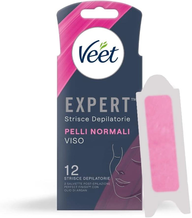 VEET STRICE DEPILATORIE VISO PER PELLI NORMALI CON BURRO DI KARITÈ 12 STRISCE (6X2 STRISCE) + 2 SALVIETTE POST-EPILAZIONE