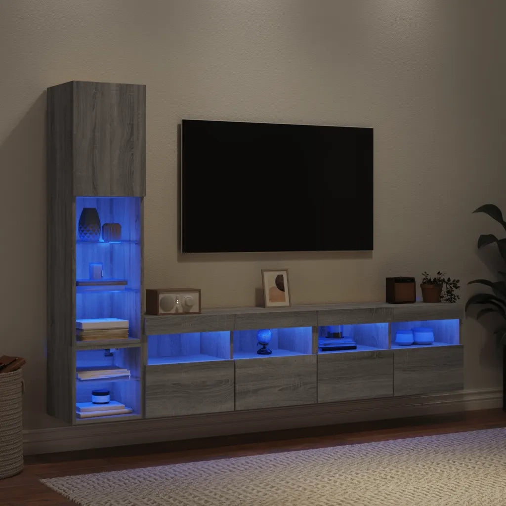 vidaXL Mobili TV a Muro con LED 4pz Grigio Sonoma in Legno Multistrato