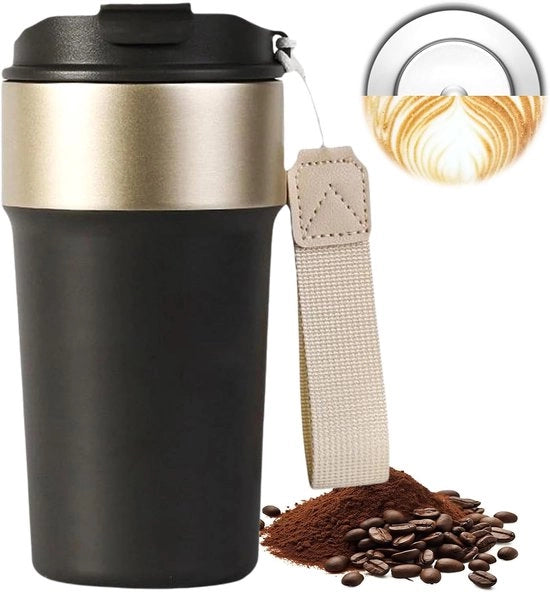 Tazza termica per viaggio - tazza da caffè da portare via - ermetica - acciaio inossidabile - 500 ml - nero con coperchio e beccuccio