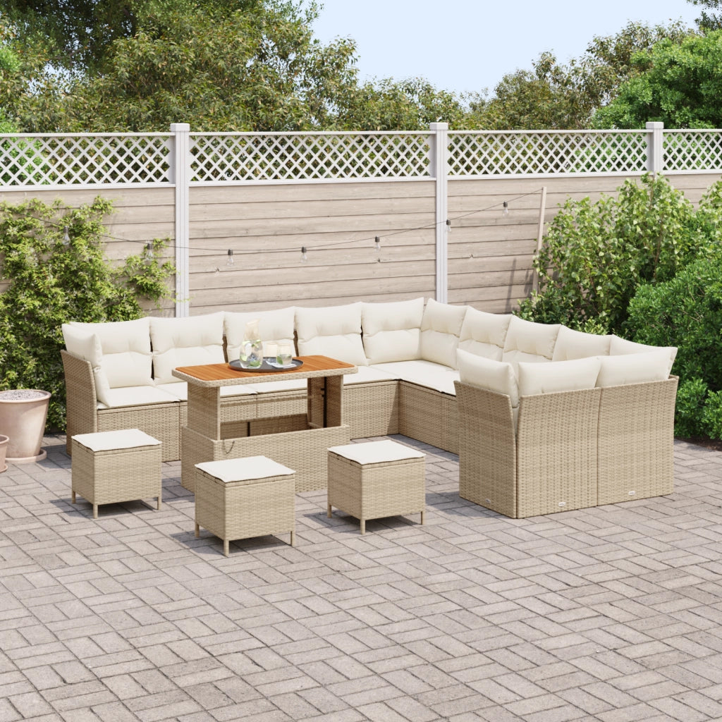 Set Divano da Giardino 14 Pezzi con Cuscini Beige Rattan Acacia