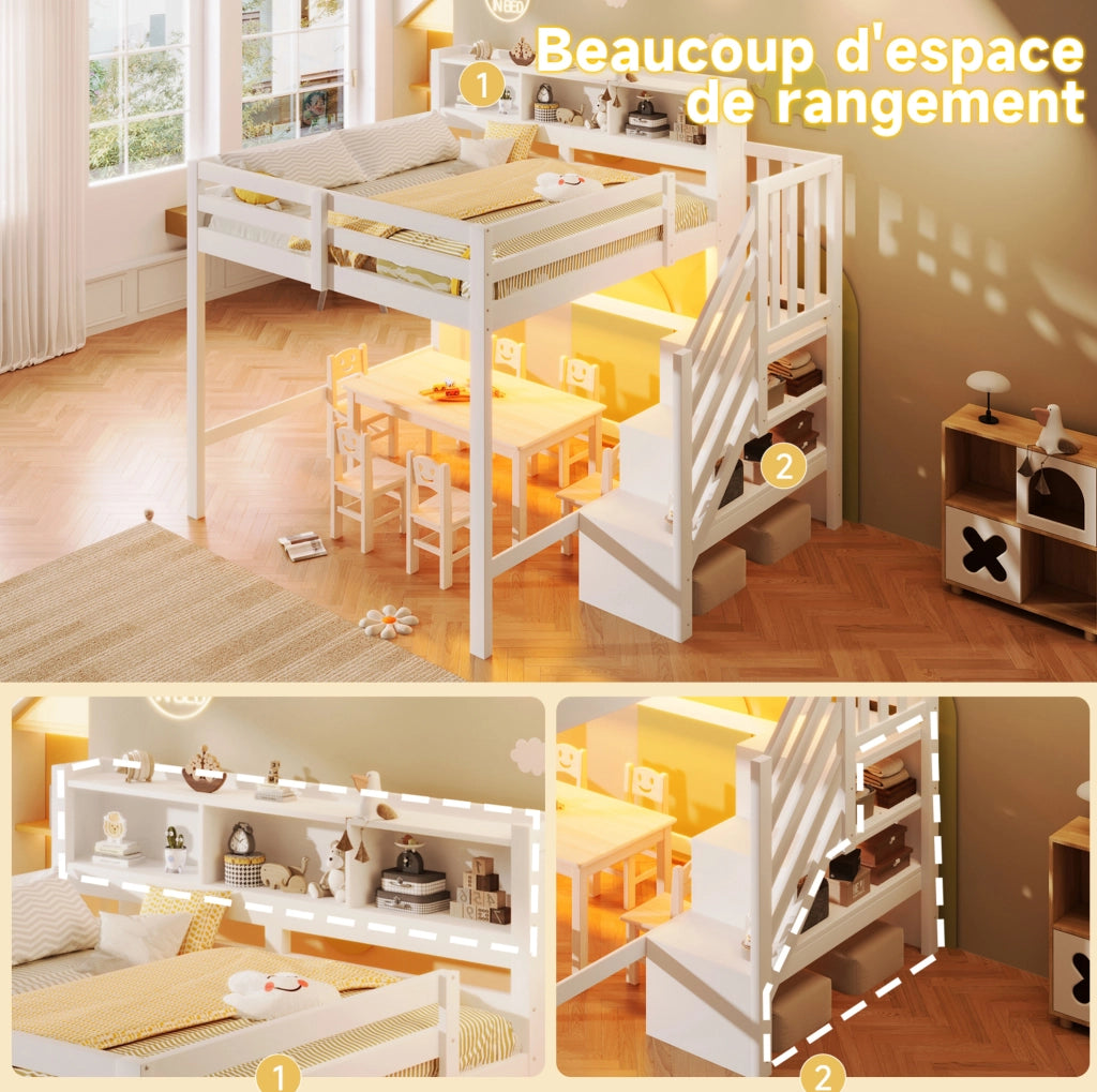 Letto a soppalco 140x200 cm bianco con LED e scala contenitore