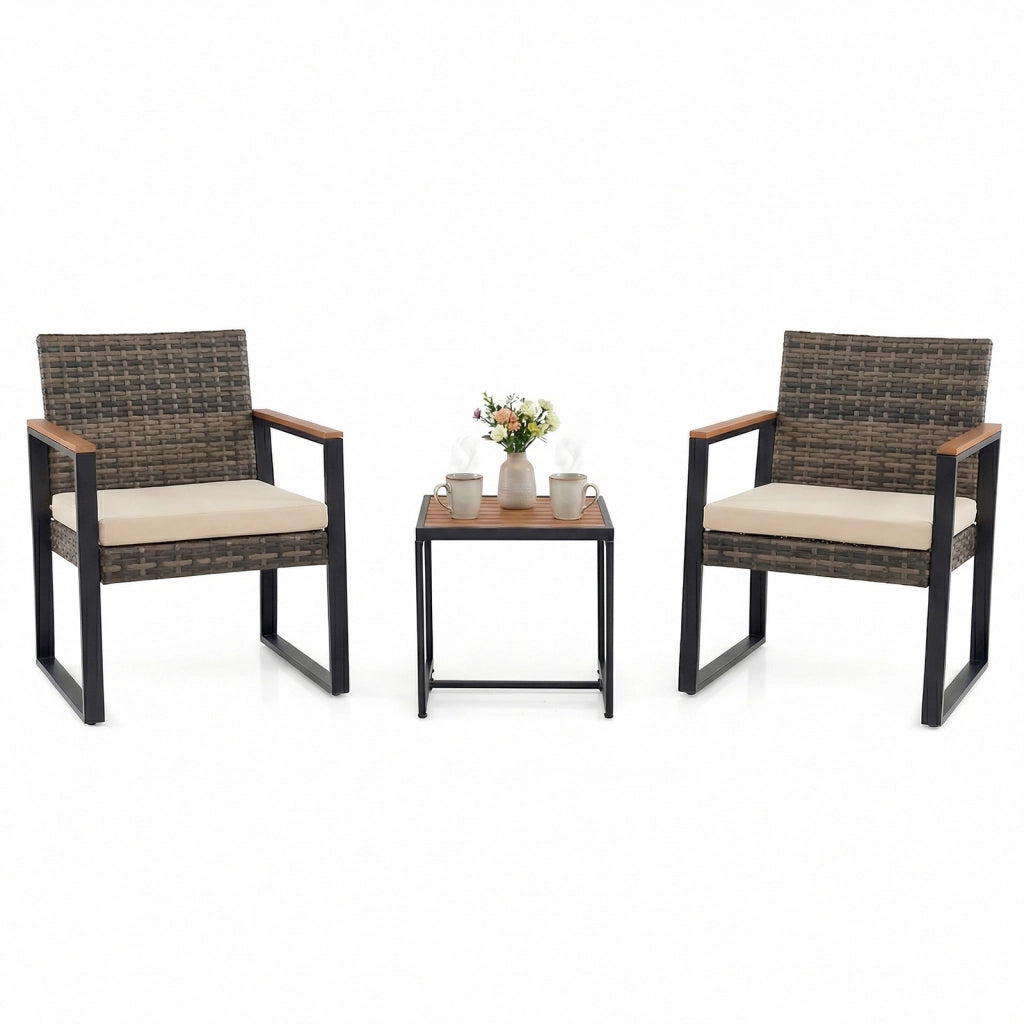 Salottino da esterno in rattan 3 pz con cuscino imbottito, Set mobili da giardino per balcone Beige