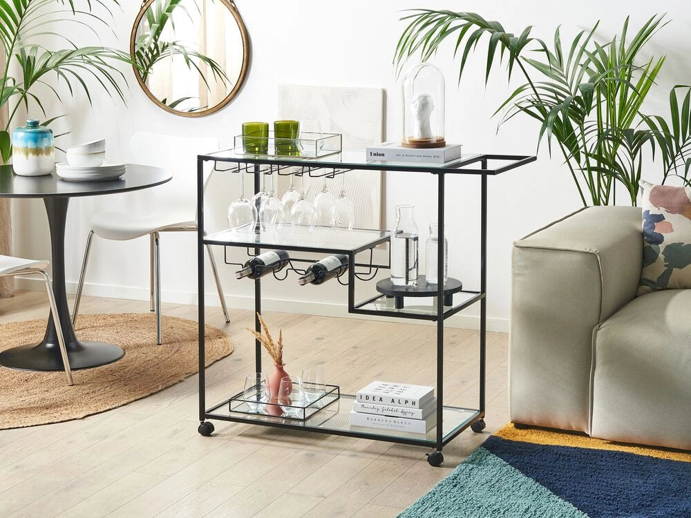 Carrello Cucina Ferro Nero Vetro Temperato 86 x 40 cm Ruote Industriali con Freni Portabottiglie Ripiani Sala da Pranzo