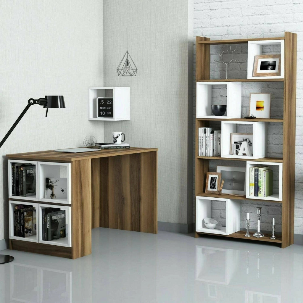 Scrivania Hongyu, Scrittoio multiuso, Tavolo per ufficio porta PC con libreria, 120x65h75 cm, Noce e Bianco
