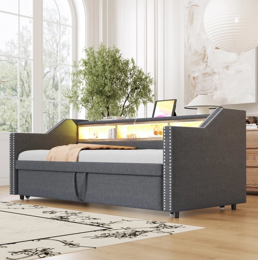 Divano letto imbottito estraibile 90/180x190 cm con LED; USB e 2 materassi; grigio scuro