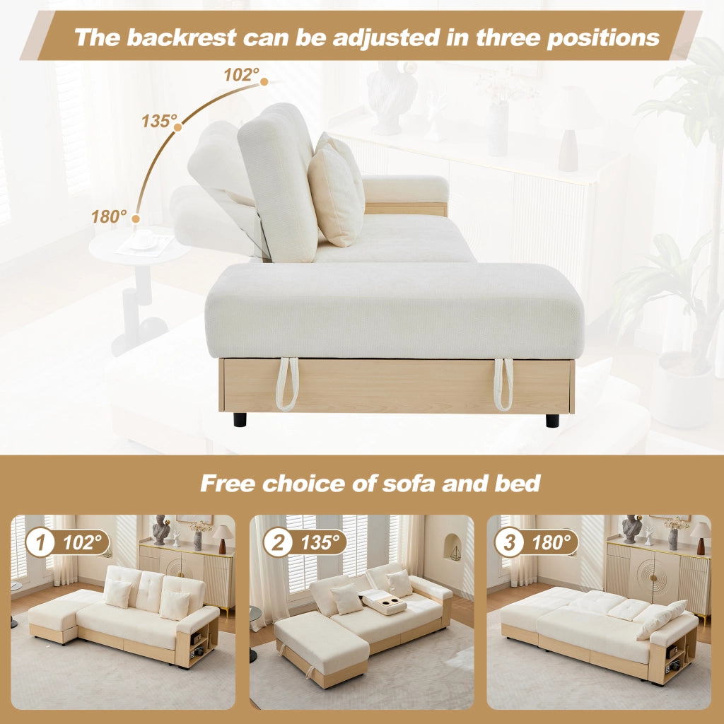 Divano letto con contenitore, schienale a 3 posizioni, in chenille beige, con cassetti e portabicchieri