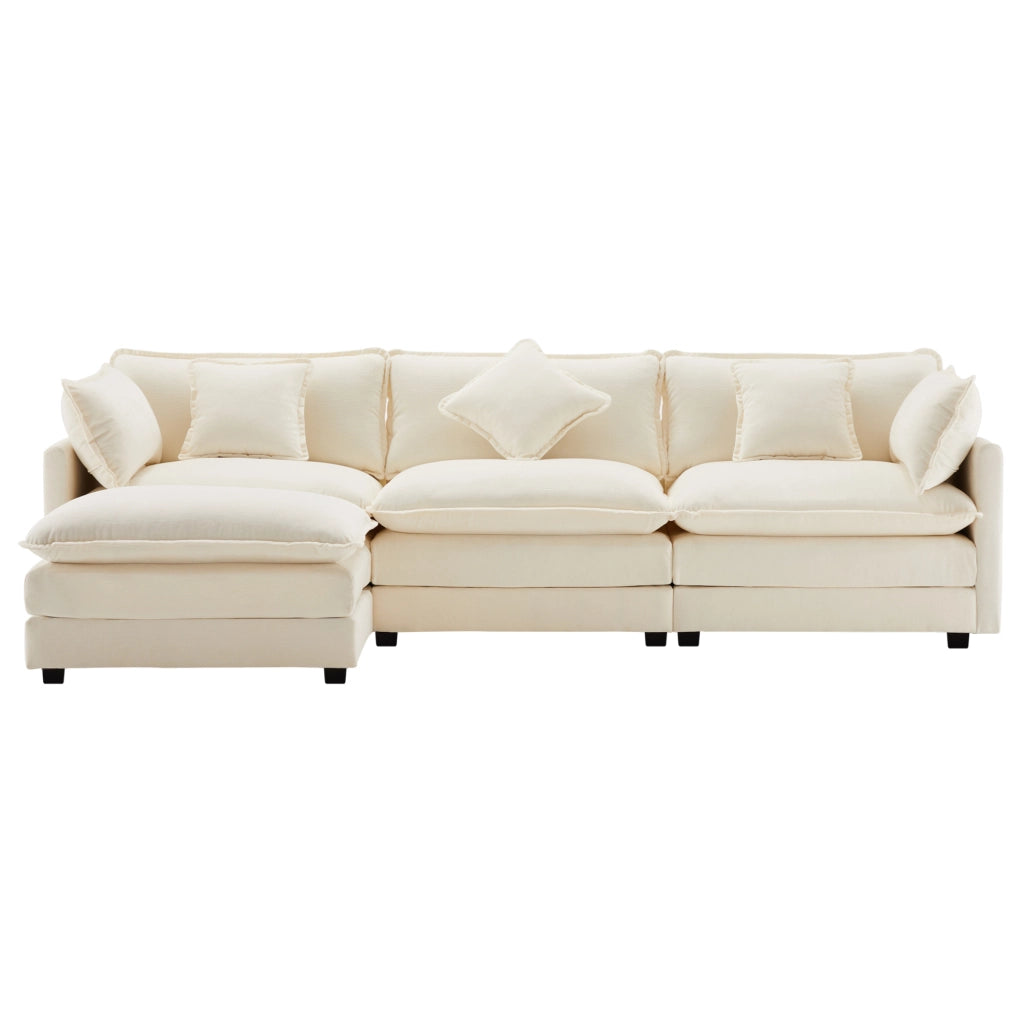 Divano a 3 posti con chaise longue a L e pouf mobile; in ciniglia beige; 283x147x84 cm