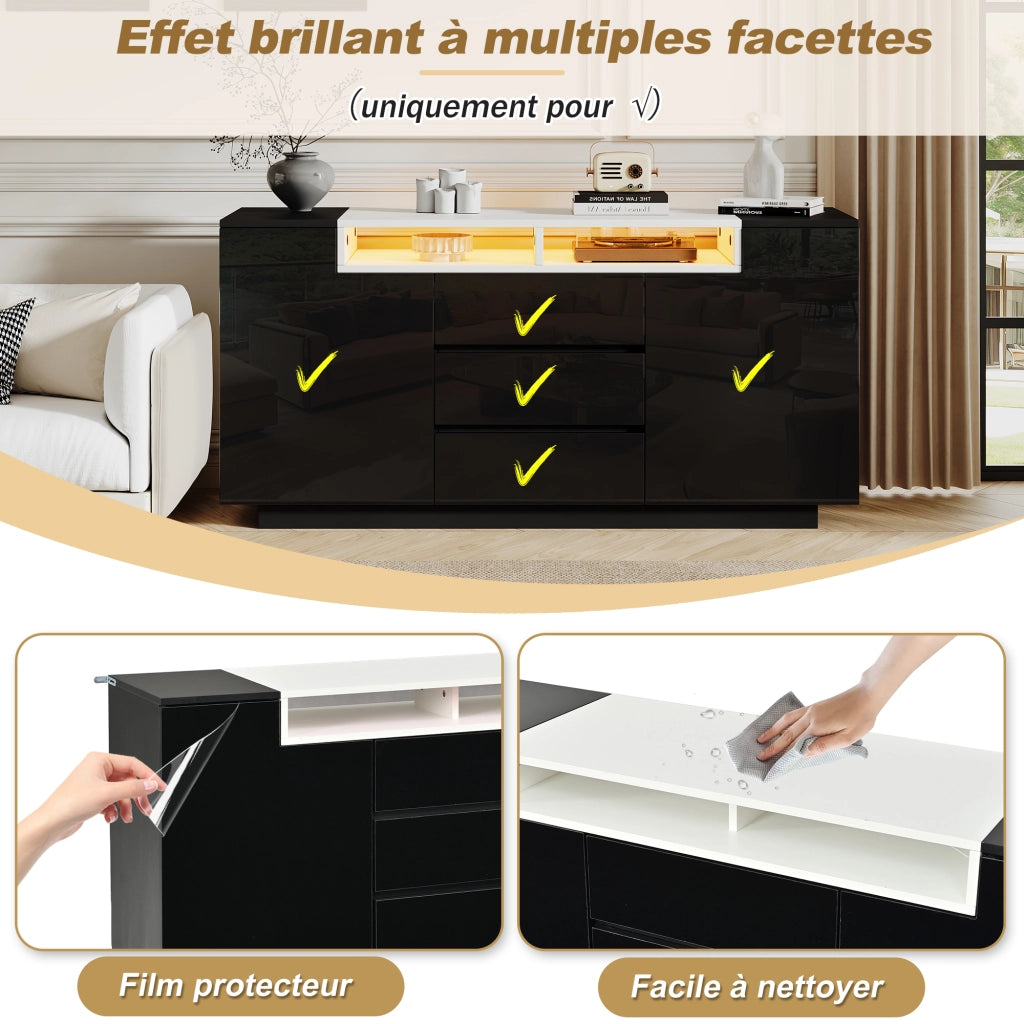 Credenza soggiorno nera 140 cm mobile buffet lucido con LED e cassetti