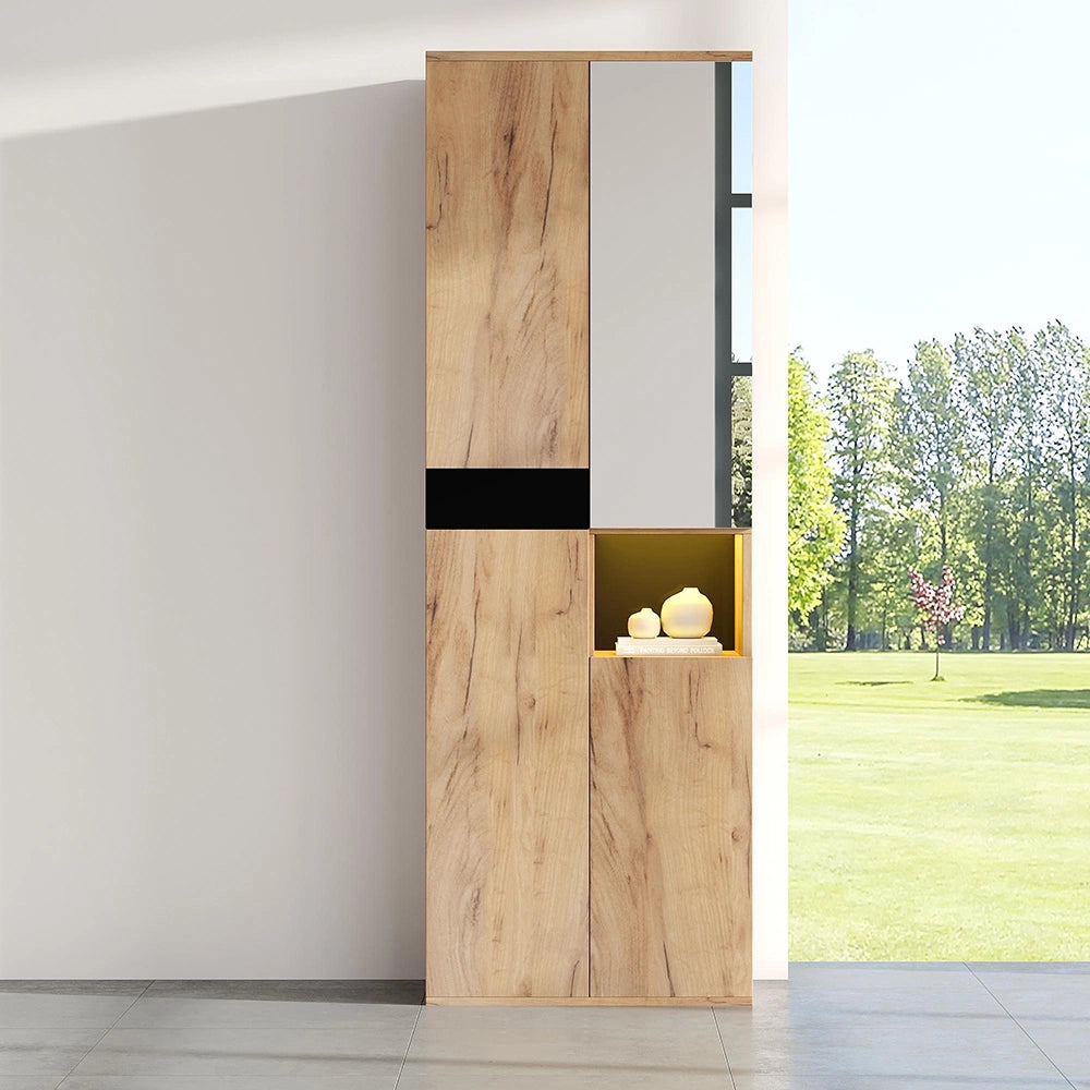 Armadio Alto con Specchio 65x35x190cm - Xylo - 4 Ante, Nero e Colore Naturale