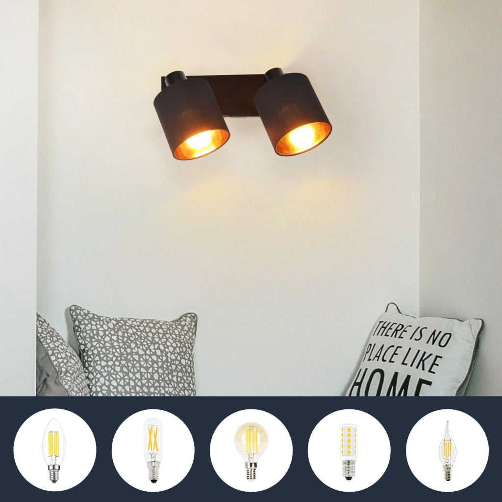 ZMH Faretto da soffitto neri vintage 2 E14 rotativi 350° paralume tessuto per soggiorno camera senza lampadina