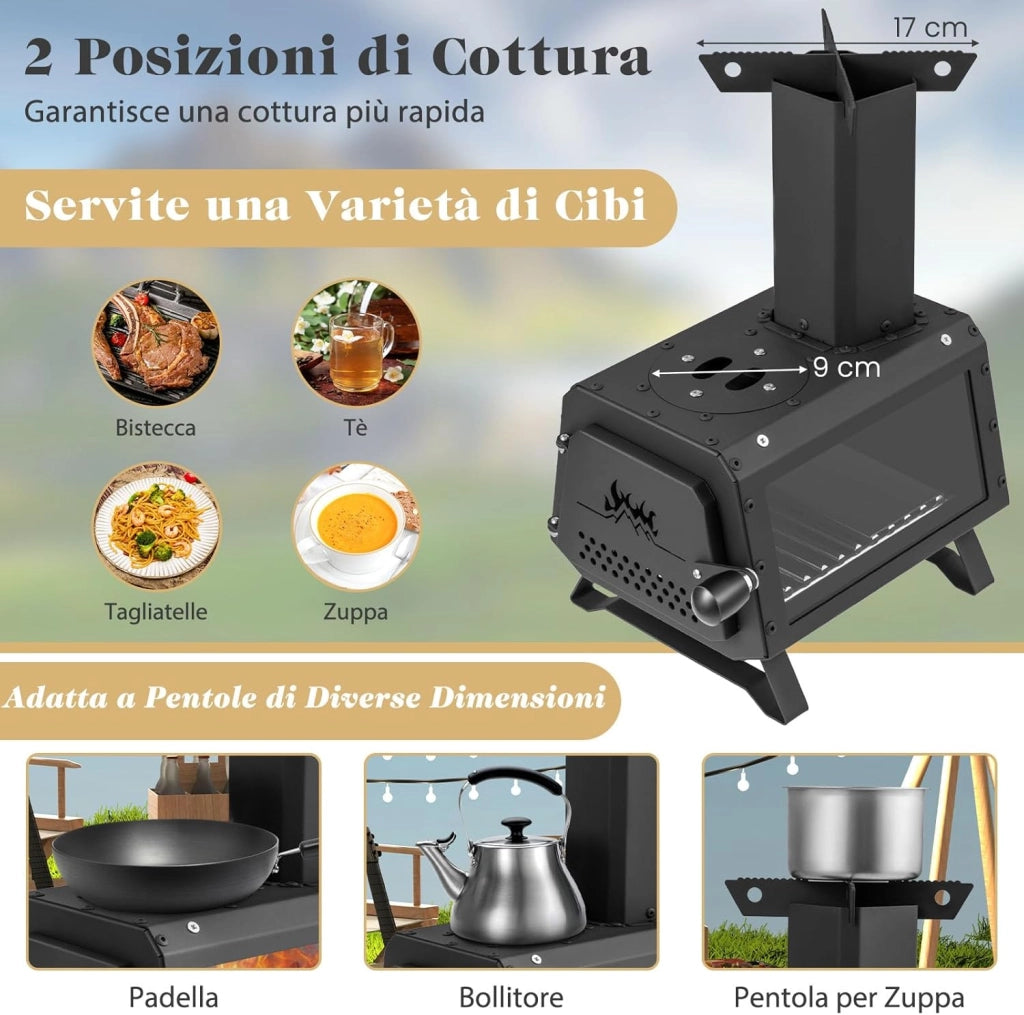 Fornello a Legna Portatile, Fornello da Campeggio a Legna con 2 Posizioni di Cottura, Maniglia Antiscottatura e Finestra in Vetro, per Feste, Campeggio, Escursioni