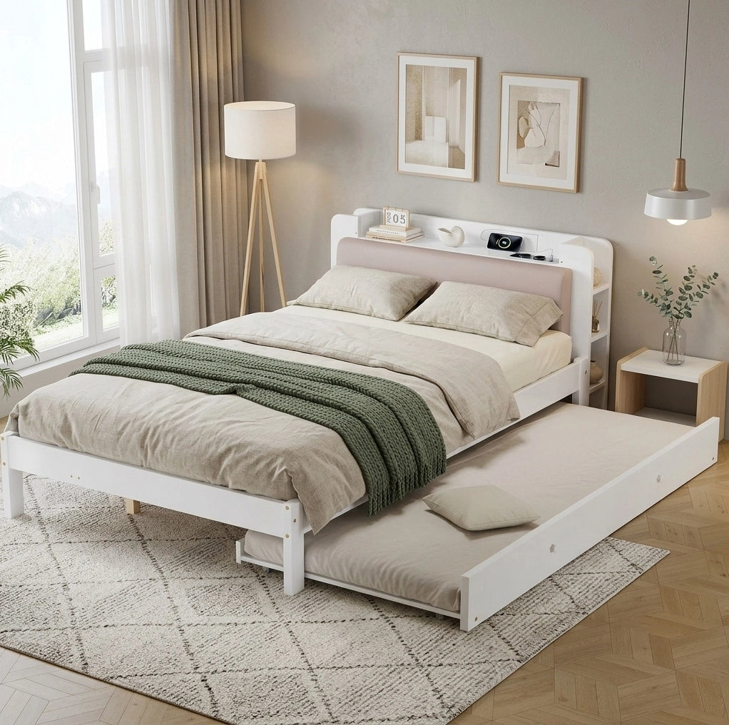 Letto funzionale in legno 120x200 cm con letto estraibile e testiera imbottita