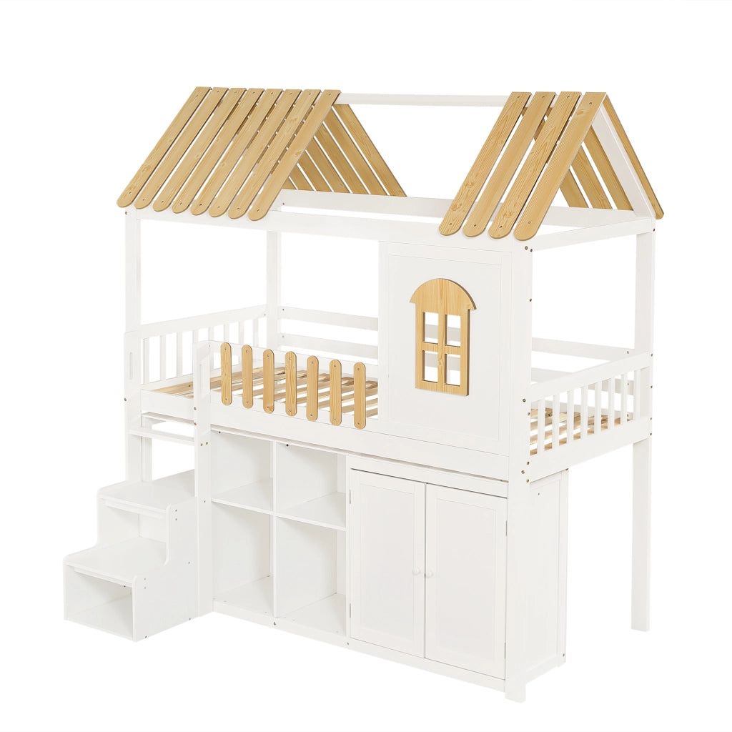 Letto a Soppalco 90x200 cm; Armadio; Scaffale Aperto e Finestra - Bianco e Naturale
