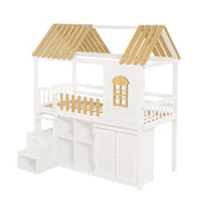 Letto a Soppalco 90x200 cm; Armadio; Scaffale Aperto e Finestra - Bianco e Naturale